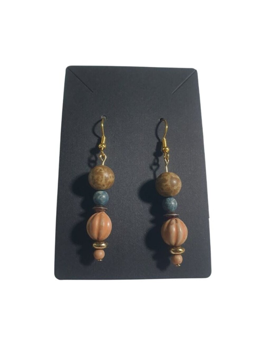 Bohemian Beaded Dangle Earrings Brown Green Gold Beads Handmade Jewelry Hook